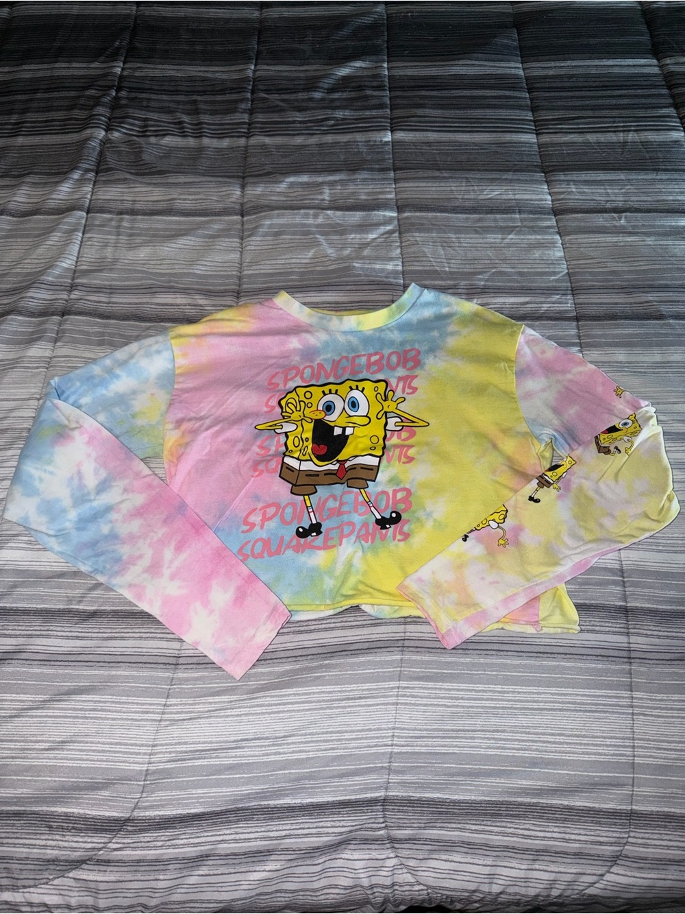 Nickelodeon SpongeBob Tie-Dye Long Sleeve Crop Top - Yellow/Pink/Blue